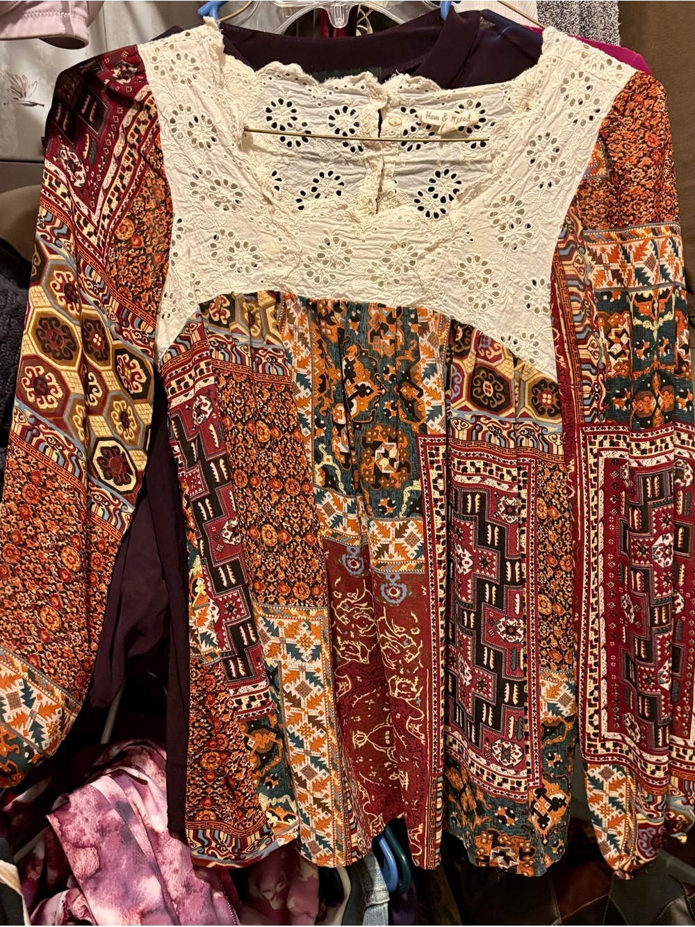 Hem & Thread Multi-Color Patchwork Tunic with Cream Lace Yoke
